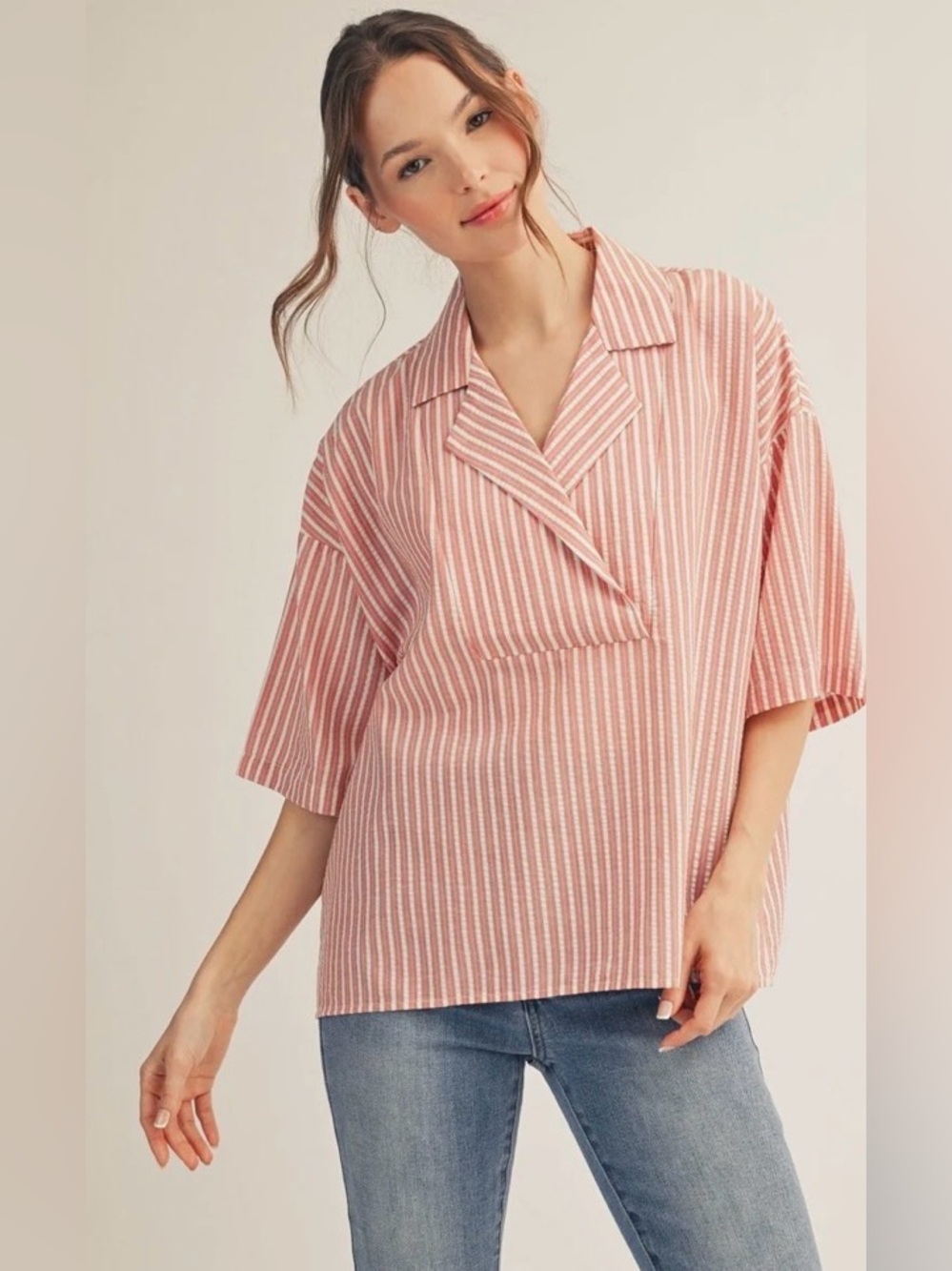 NWT JODIFL Mauve Pink Striped Textured V Neck Open Collar Top Blouse medium